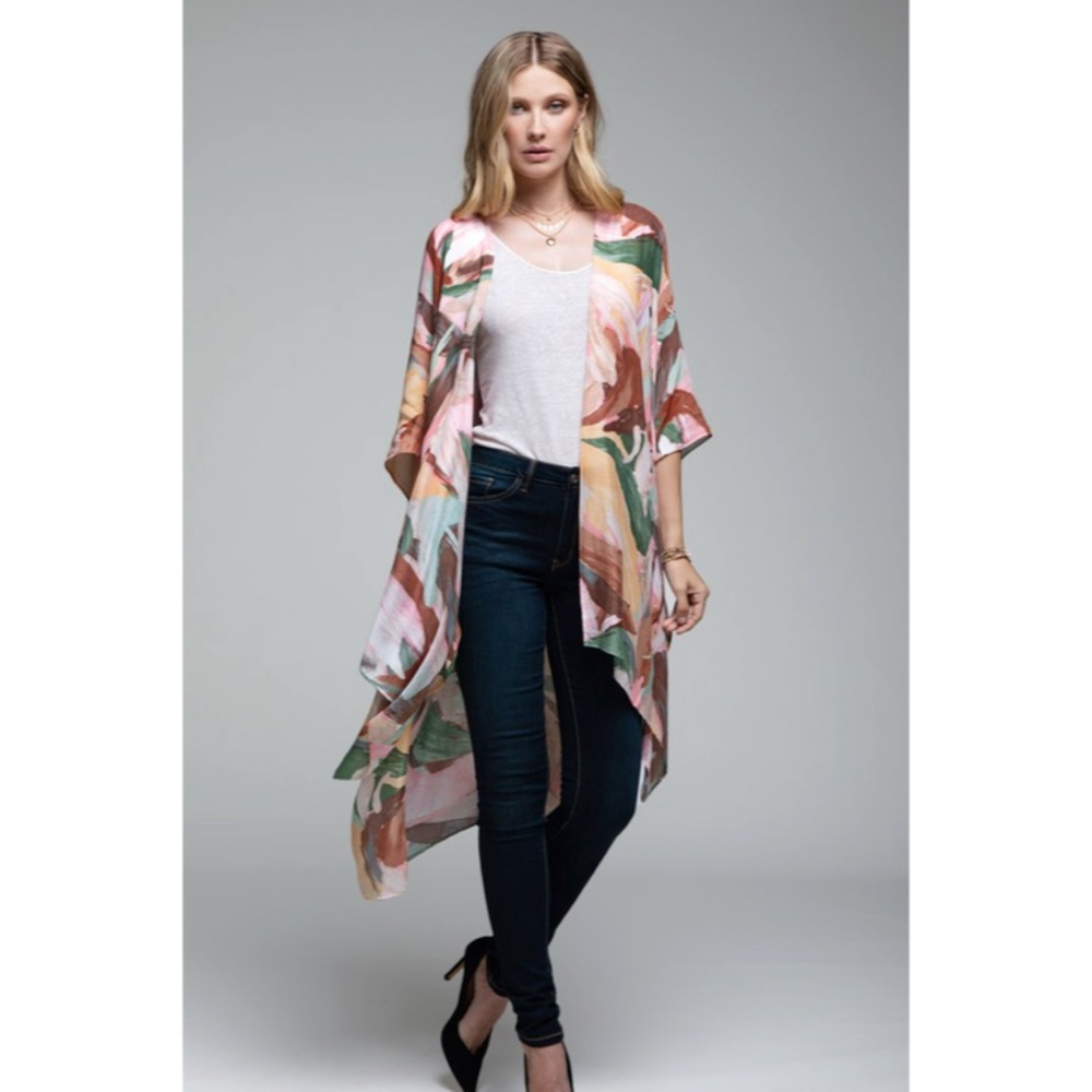SOLD OUT Mone Colorful Brush Stroke Motif Kimono Coverup Wrap Open Casual Top - Picture 3 of 5